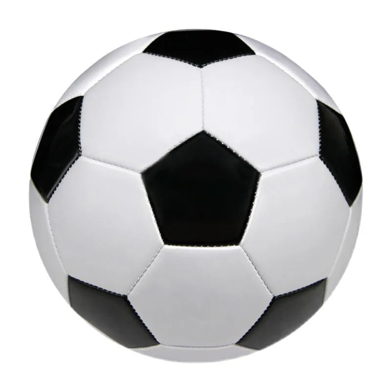 PVC machine-seam football in three sizes (No3, No4, No5) showing various colour and pattern design options.