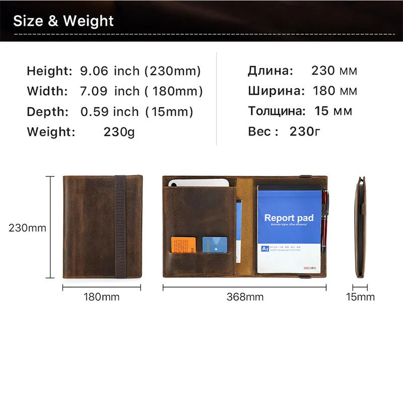 Brown Crazy Horse leather A5 notebook protective sleeve with socket-type closure