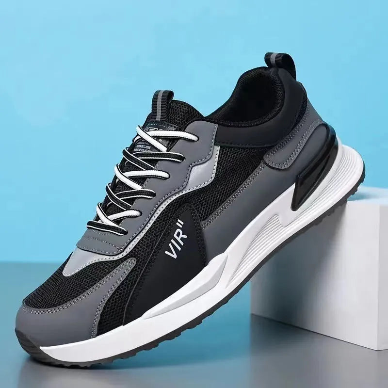 Men's colour block mesh sneakers in black, grey and white colour options with lace-up design