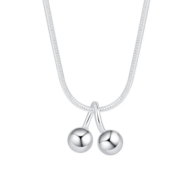 Silver cherry necklace with S925 pendant on adjustable snake bone chain for women
