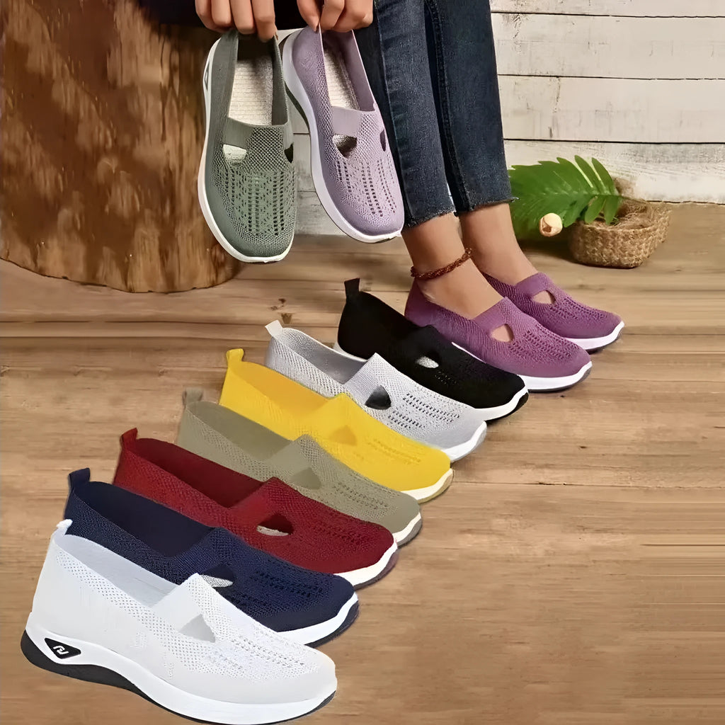 Flat heel mesh walking shoes, round toe, T-strap, solid colour, available in black and grey