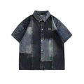 Blue Japanese-style loose fit denim shirt for men with washed stitching details.