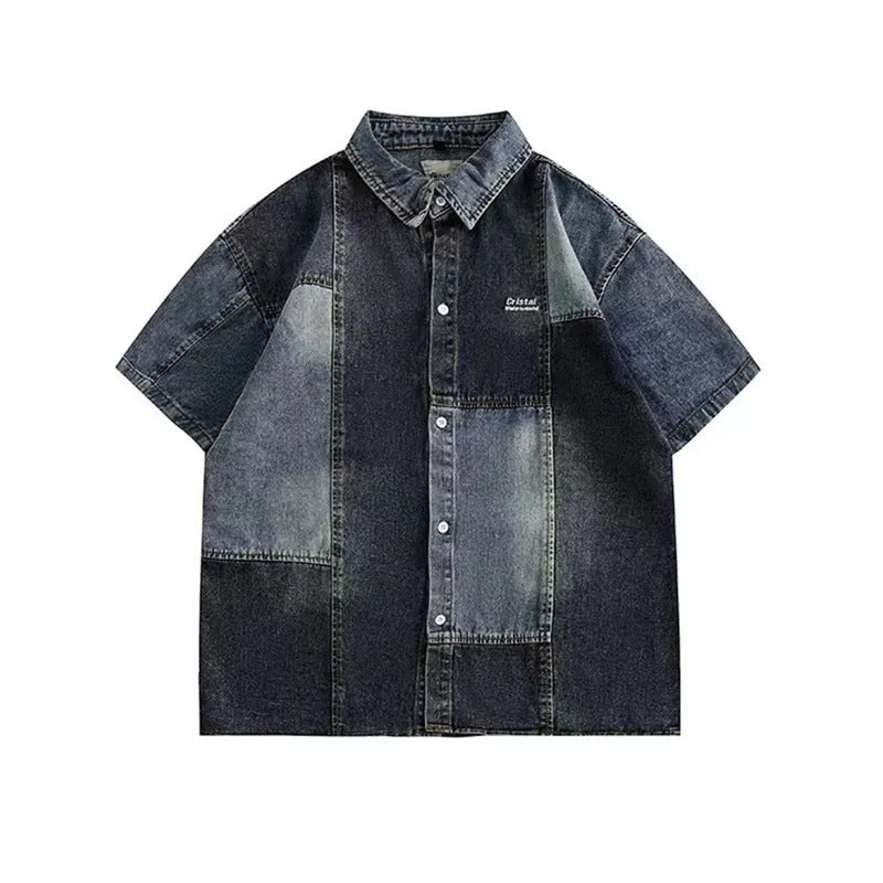 Blue Japanese-style loose fit denim shirt for men with washed stitching details.