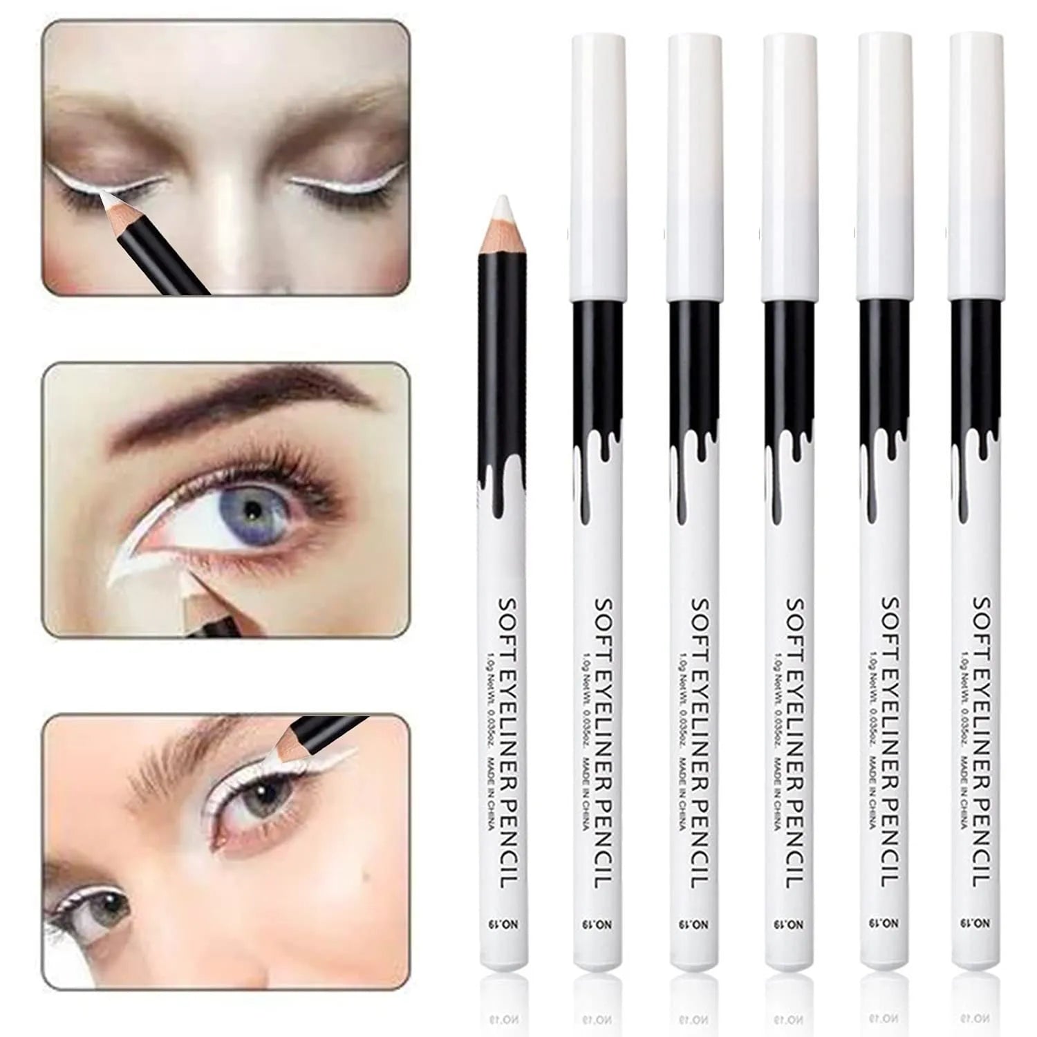 12-piece white and black eyeliner pencil set with sharpener, waterproof and retractable