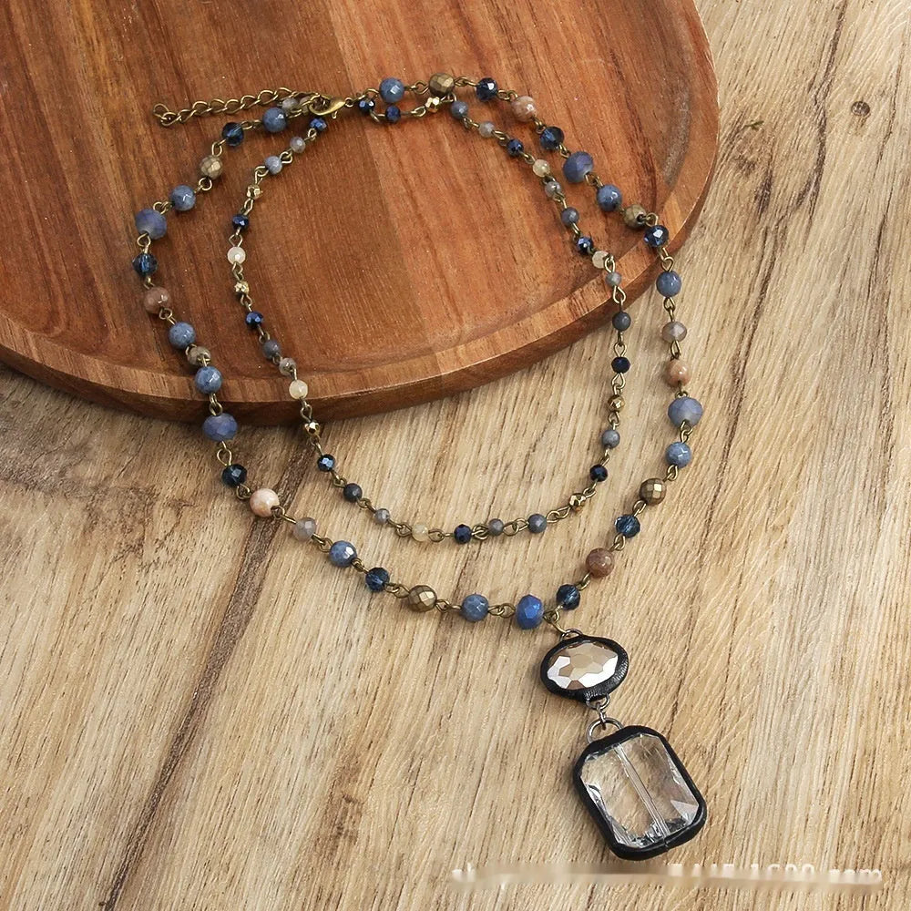 Tribal style necklace with glass and natural stone pendant on two-layer alloy chain