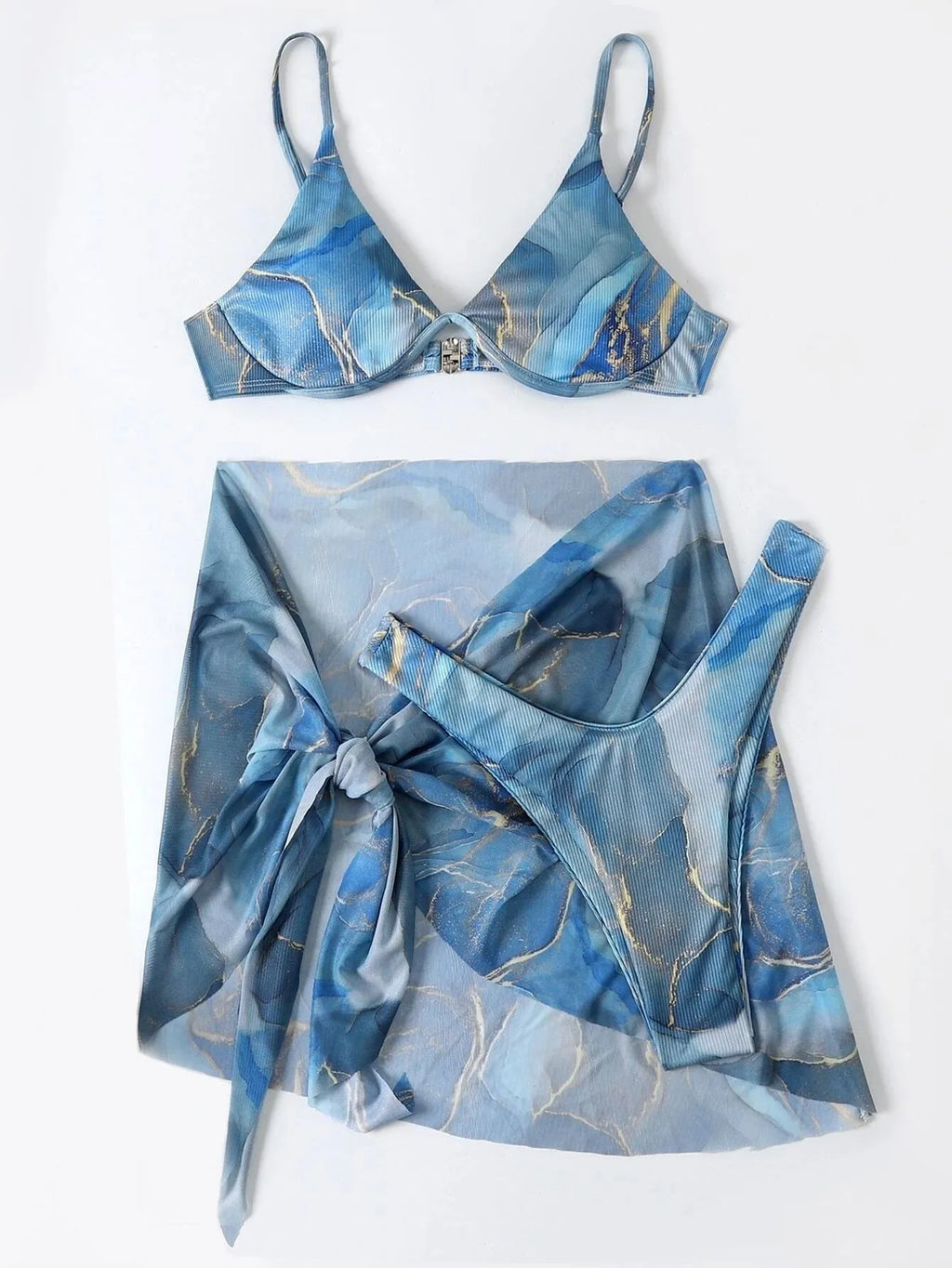 Women's marble print three-piece bikini swimwear set showing bra, panties, and skirt in blue colour