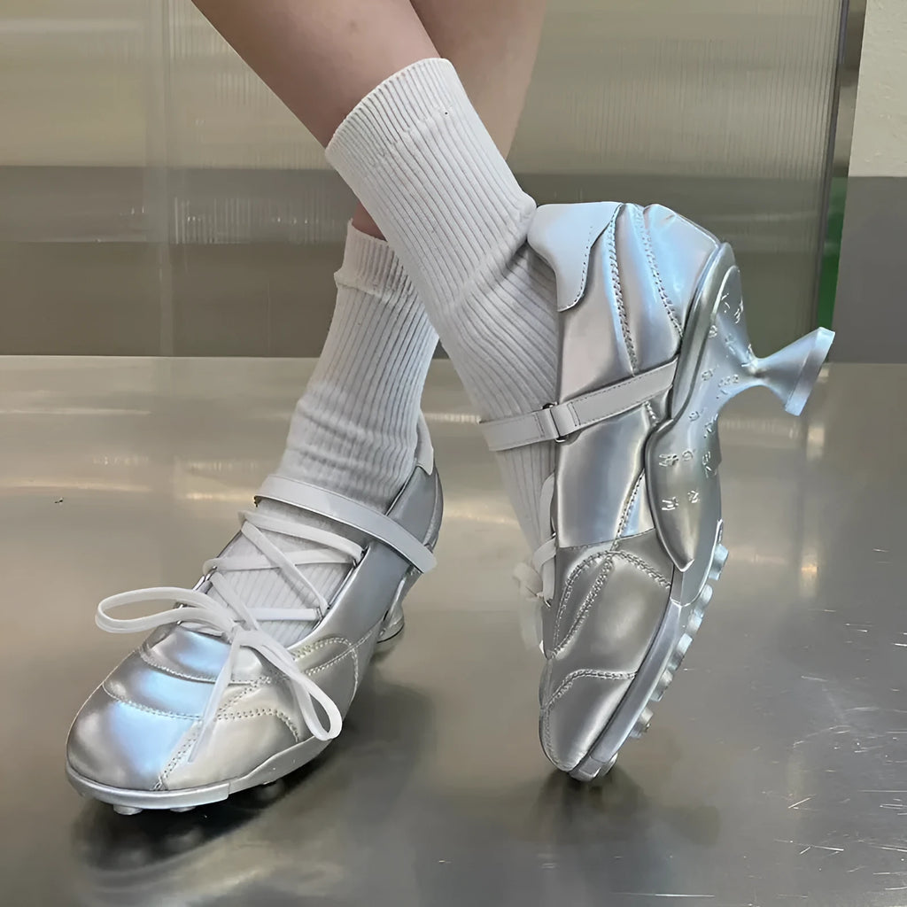 Women's silver lace-up sports shoes with creative bow detail on front, round toe and mid heel