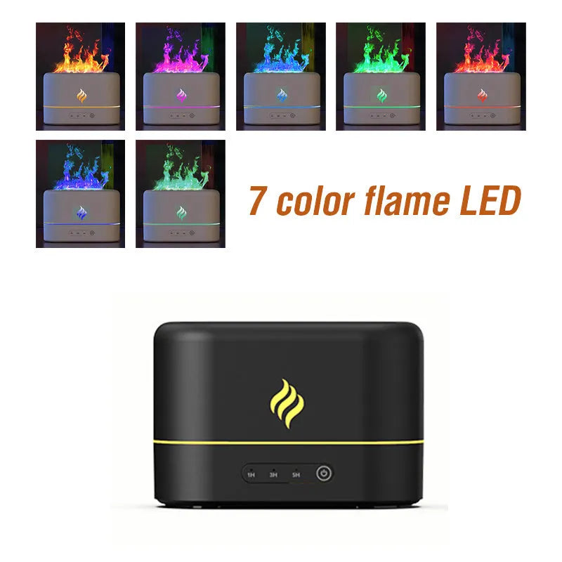 Black or white USB-powered humidifier with 7-colour flame LED effect and single mist outlet.