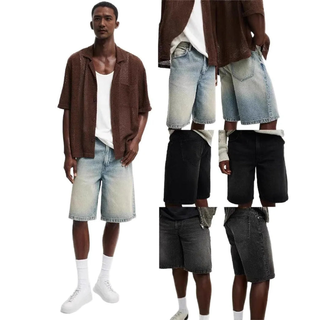 Men's loose straight leg jeans in light blue, black, and grey colour options