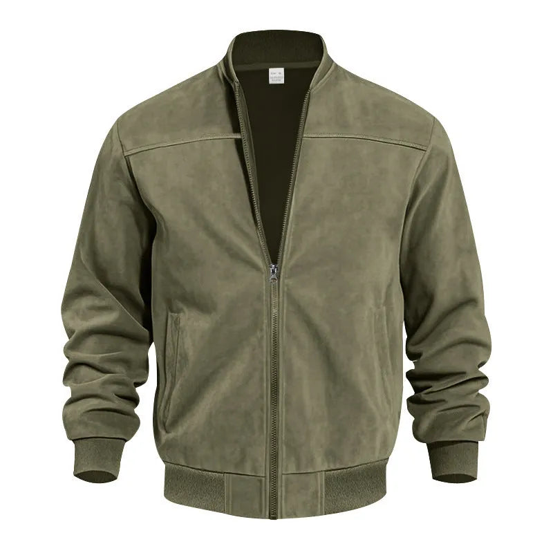 Men's plus size suede casual jacket in army green with a zip front and regular sleeves.