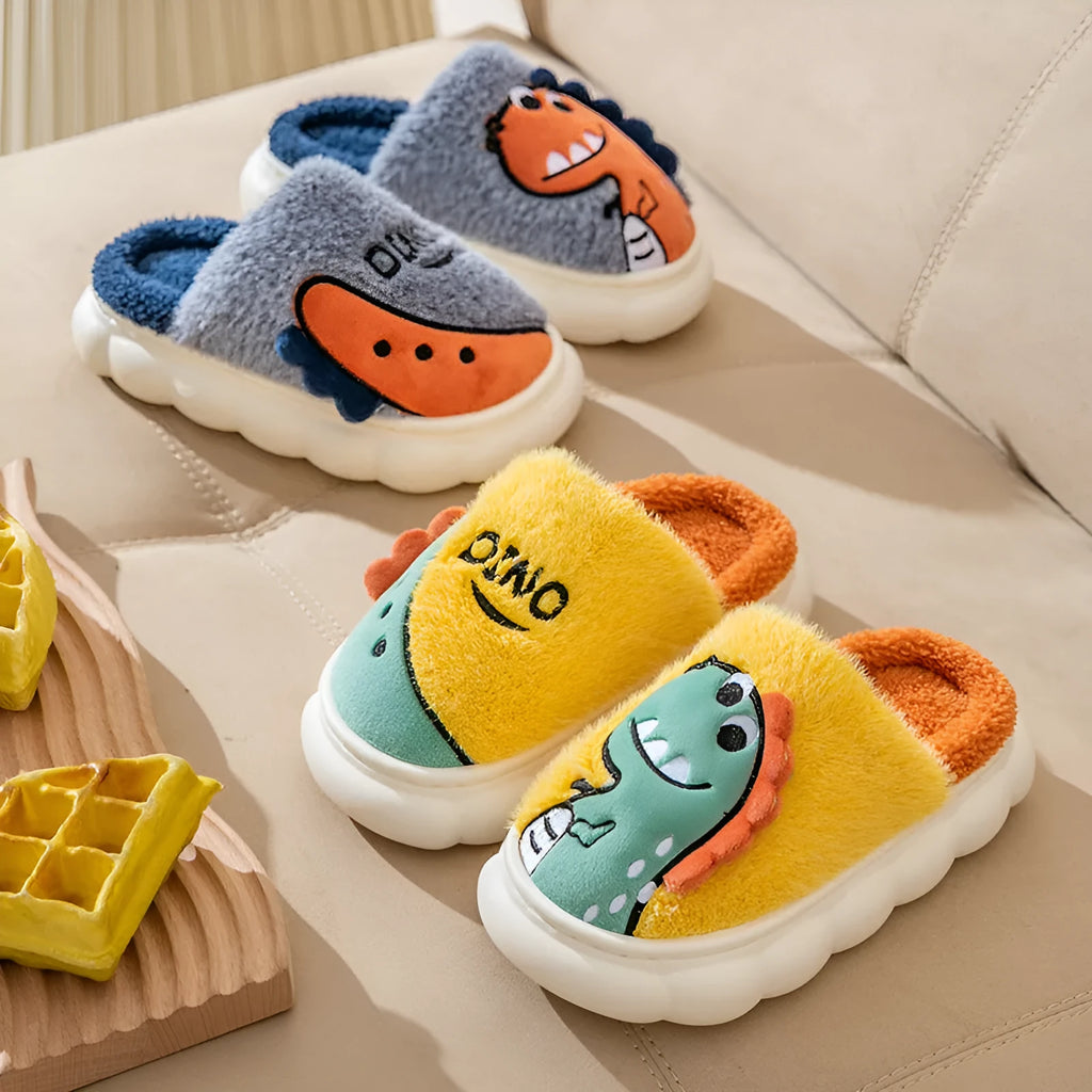 A pair of warm cotton plush couple slippers with a thickening design in a dinosaur-themed colour.
