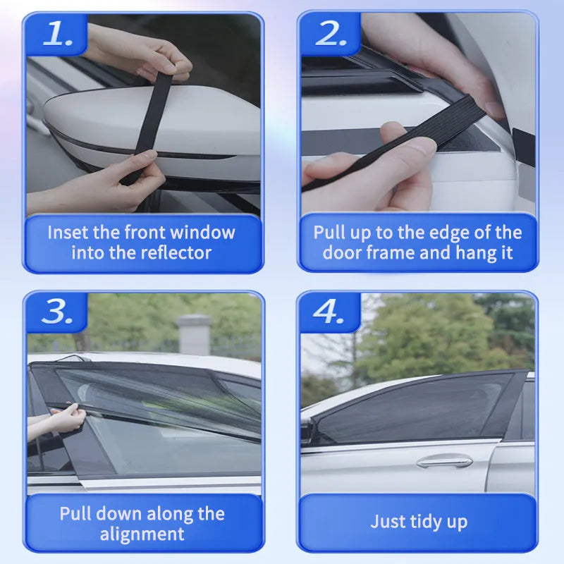 Car side window mesh sunshade installed on a car door window for sun protection and mosquito prevention