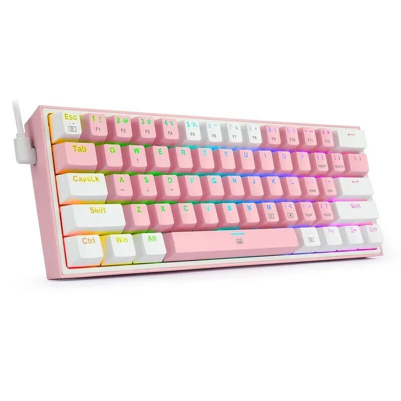 White and pink K617 wired mechanical keyboard with RGB backlighting lit up.