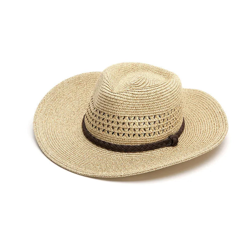 Men's foldable straw sun hat with wide brim shown in beige colour