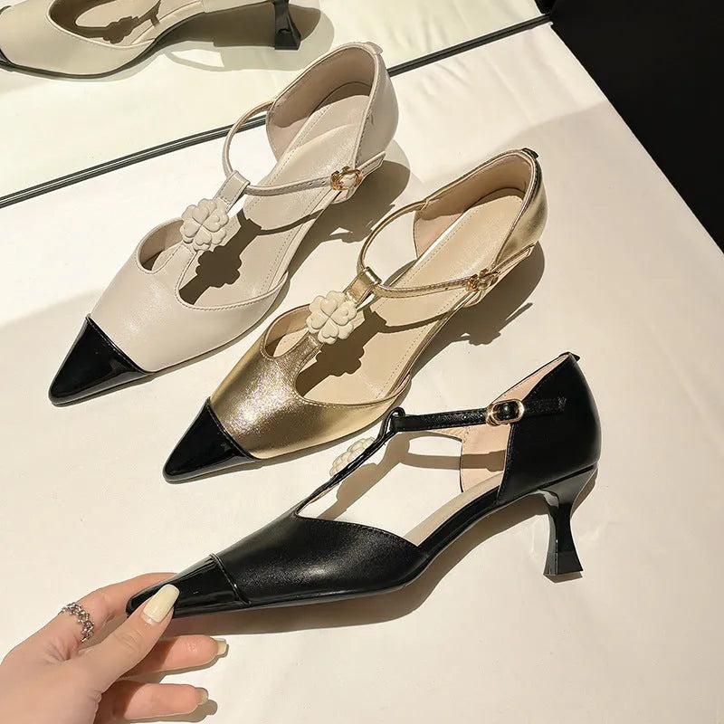 Women's genuine goat leather stiletto heels with floral buckle and pointed toe in black colour