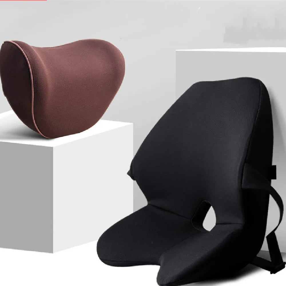 Memory cotton car seat lumbar support cushion and headrest set in beige colour with a simple pattern polyester cover.
