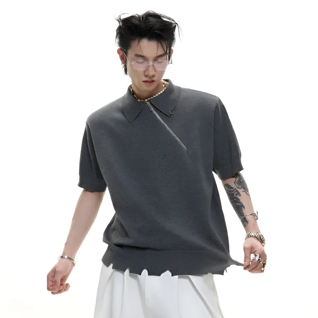 Men's black slim-fit knitted polo shirt with an oblique diagonal zipper and short sleeves.