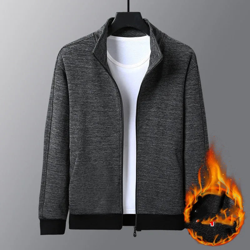 Men's black athletic fit zip-up jacket with stand-up collar on hanger