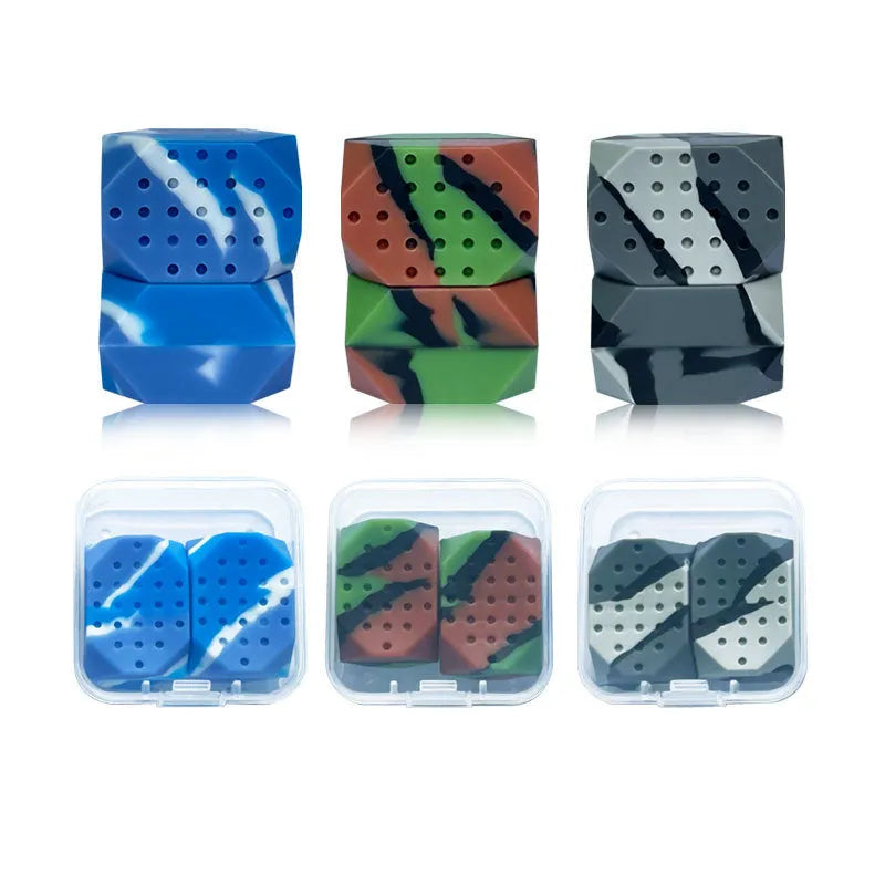 Two camouflage-pattern silicone jawline trainer balls in a transparent box.