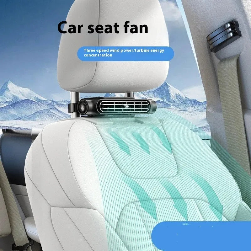 CF03 model USB plug-in car seat fan with Velcro strip, shown in beige colour on a car headrest.