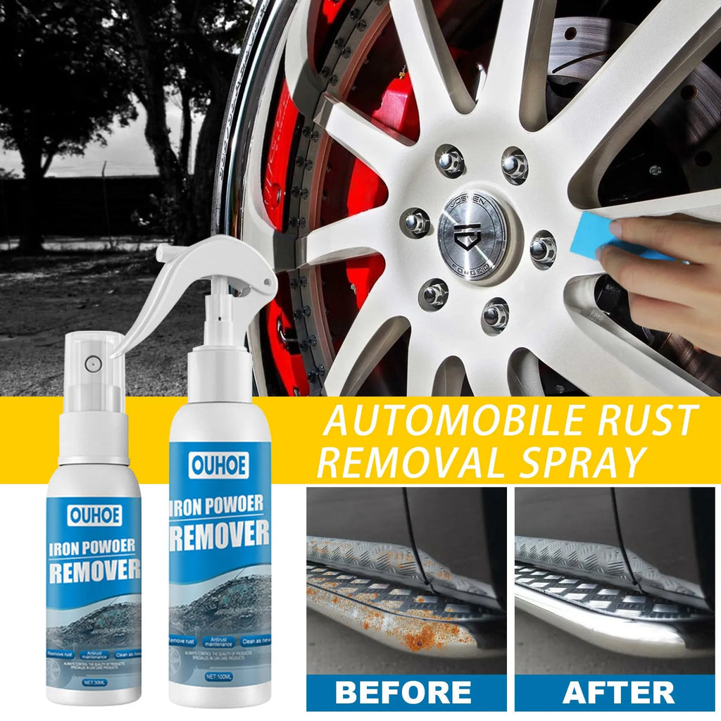 Automotive rust removal spray bottle with optional sponge and towel for car metal surface treatment