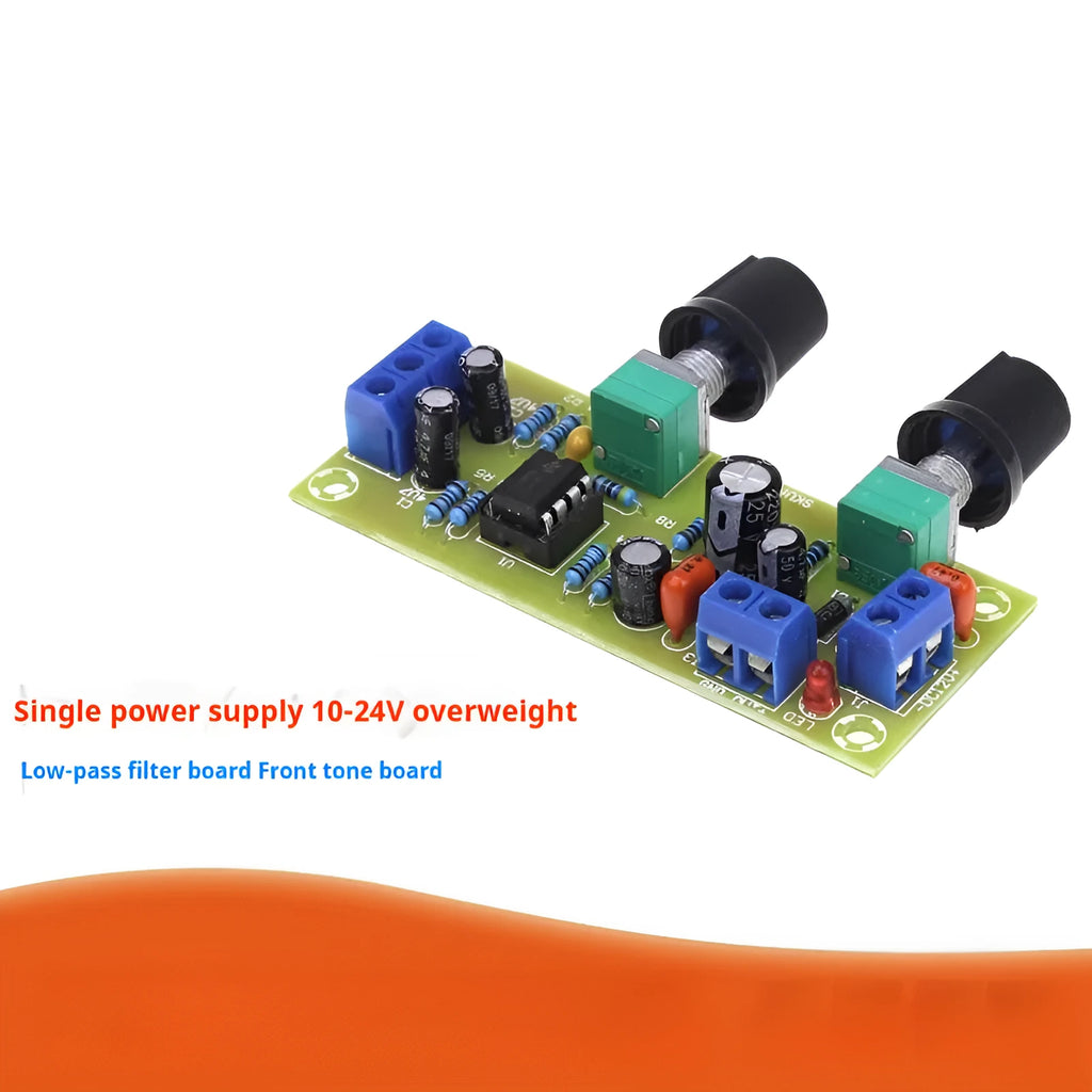 Single power supply 10-24V super dynamic bass boost front stage circuit board on FR-4 fiberglass.