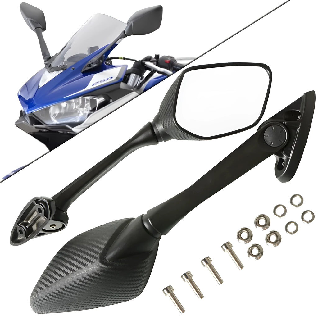 Yamaha YZF R3 R25 carbon pattern motorcycle rearview mirror aluminium arm black ABS shell