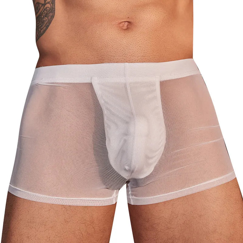 Men's black and white ultra-thin nylon boxer briefs laid flat showing low-rise waistband and leg openings.