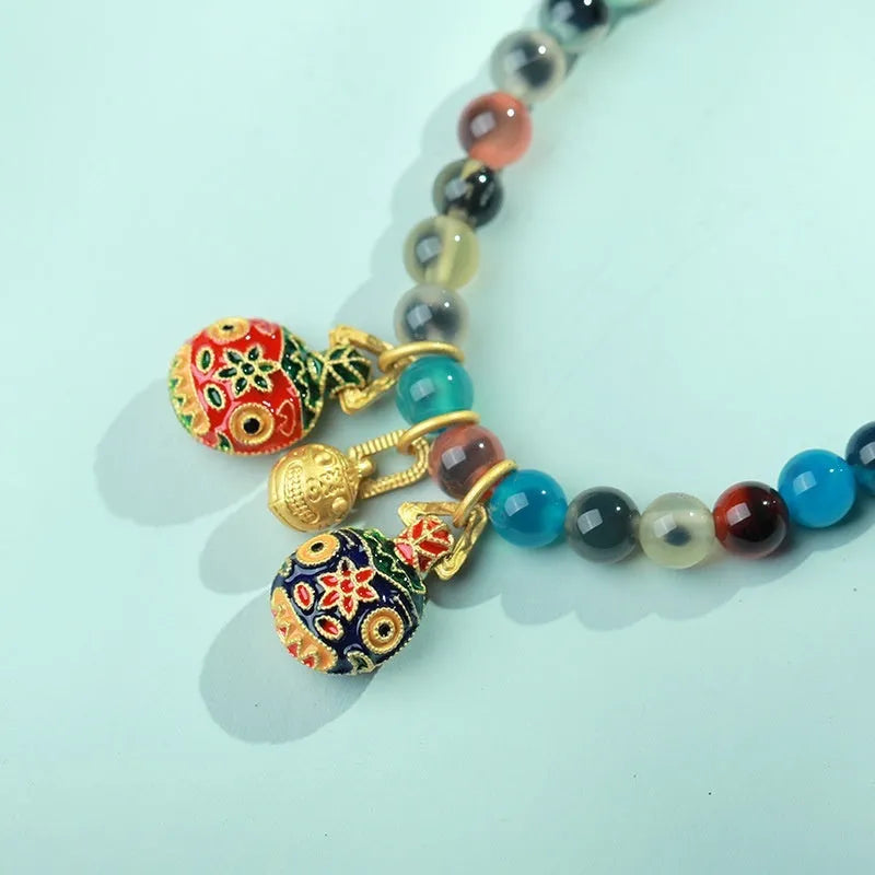 Natural agate coloured glaze copper coin snake bracelet for women, fu character style, handmade, 6mm or 8mm beads