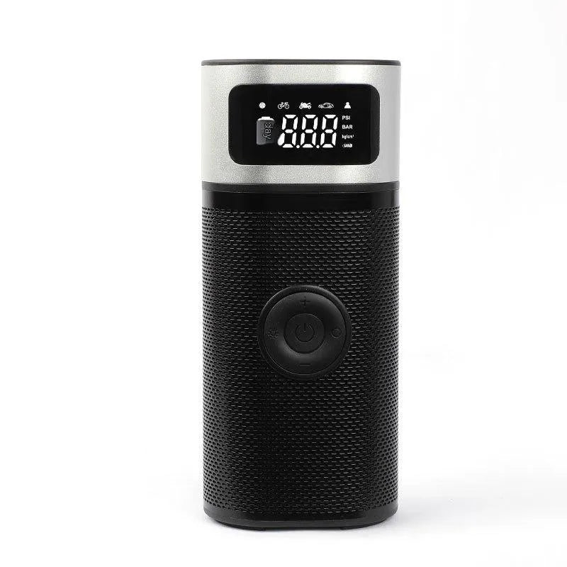 Black portable wireless vehicle air pump with USB charging cable and multiple inflation nozzles including bicycle and ball attachments