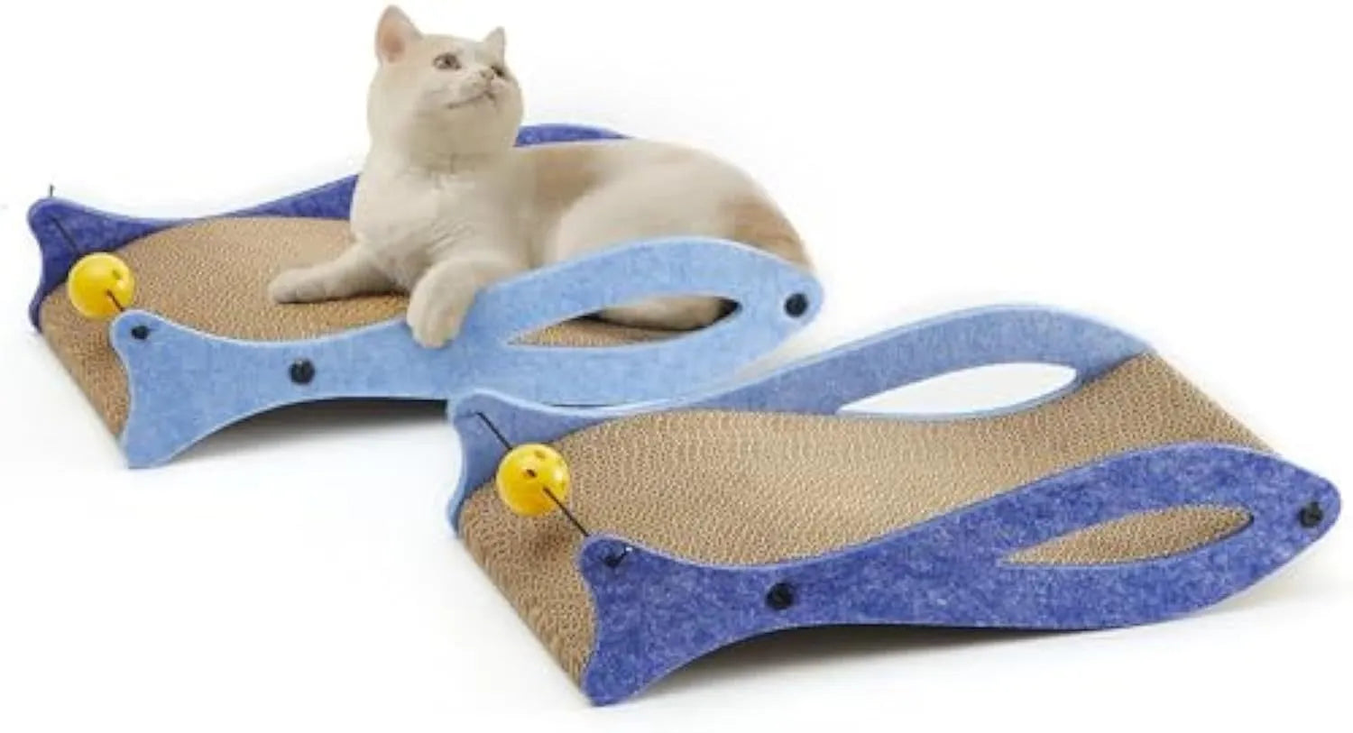 Blue fish-shaped cardboard cat scratcher lounge with bell ball toys for indoor cats