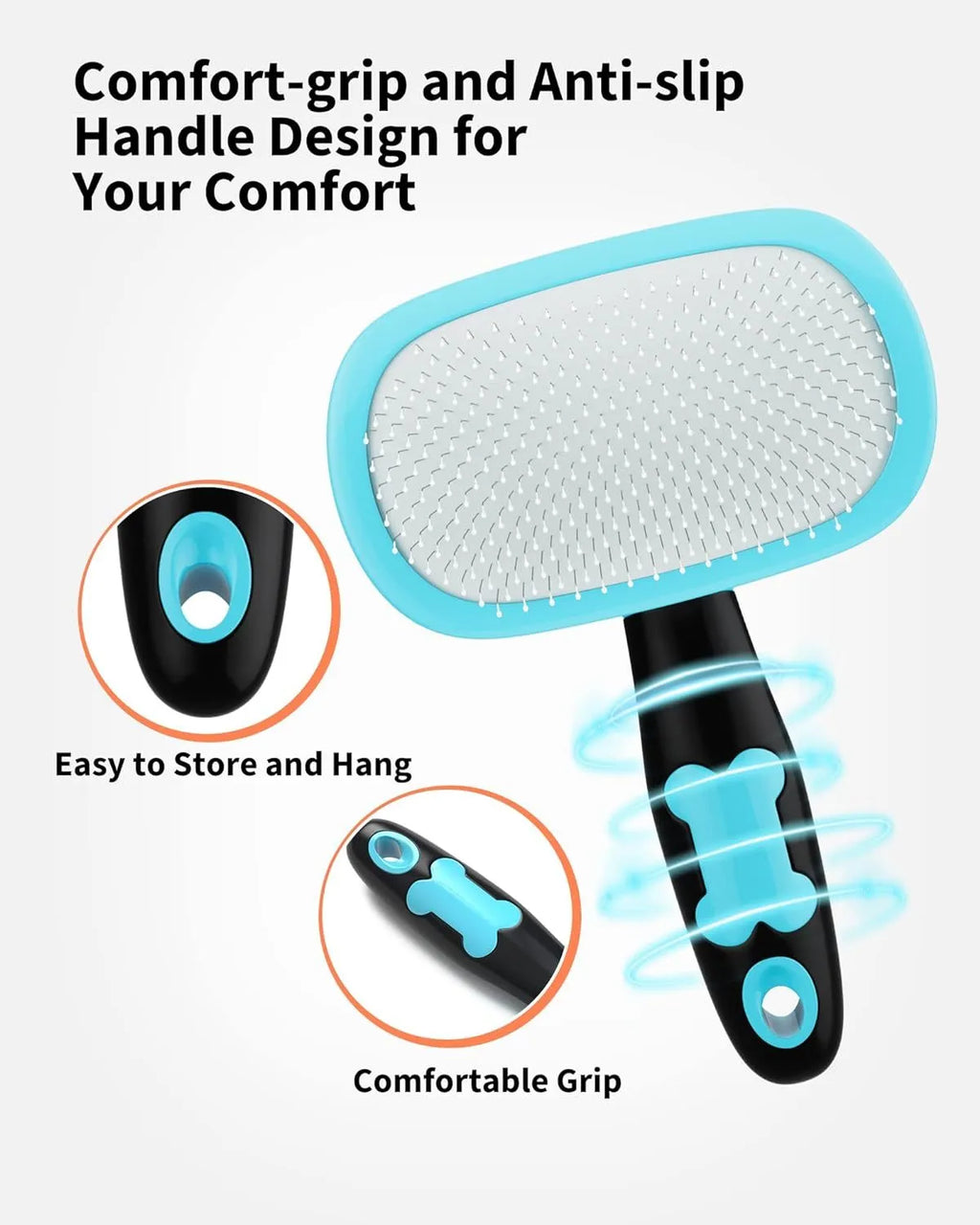 Rectangular pet grooming brush with stainless steel bristles and blue rubber handle on white background
