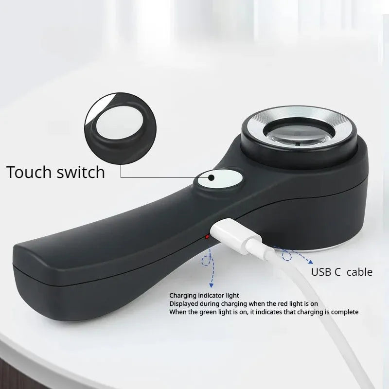 Black and silver jewelry tobacco alcohol appraisal magnifying glass with optical glass lens and USB C cable