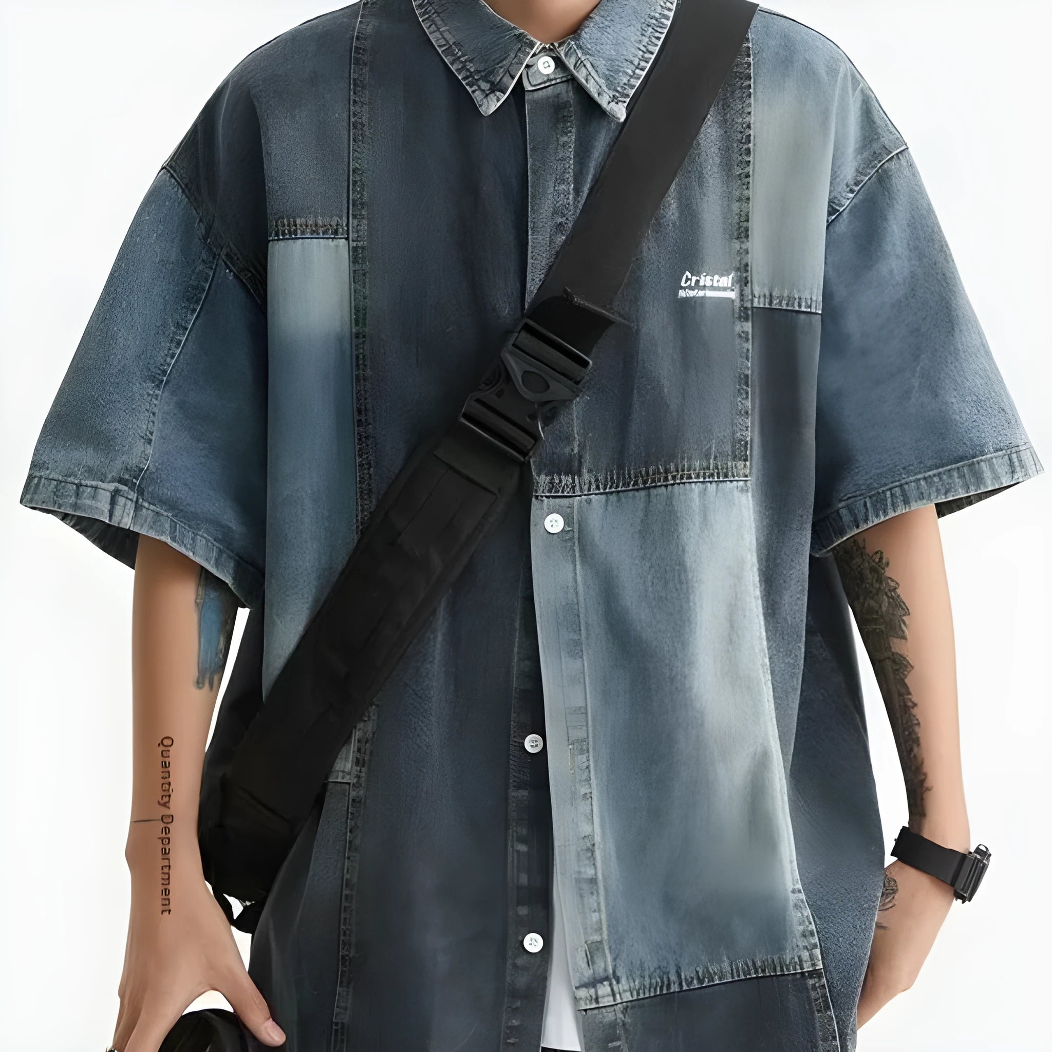 Blue Japanese-style loose fit denim shirt for men with washed stitching details.