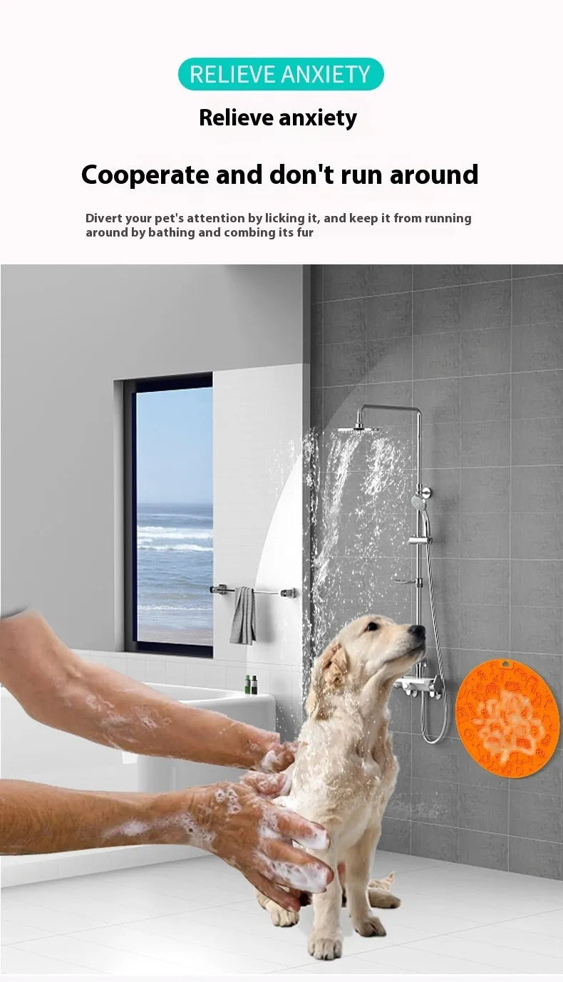 Round silicone pet licking mat with suction cups shown in available colour options