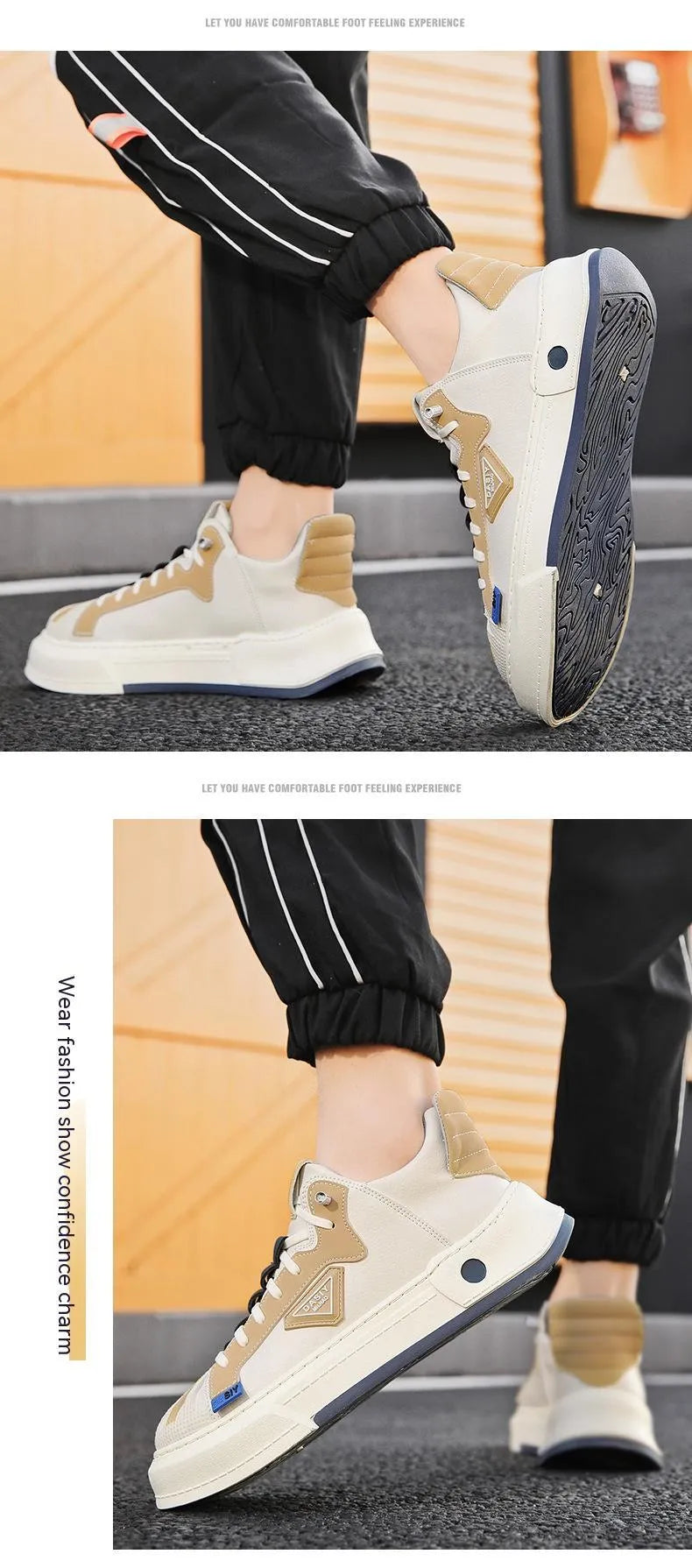 Men's beige low-top sneakers with elastic band closure and leather stitch detail on microfiber upper