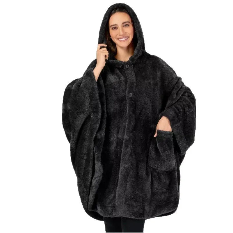 A super thick hooded bathrobe for adults in a free size, shown in black, dark grey, or pink.