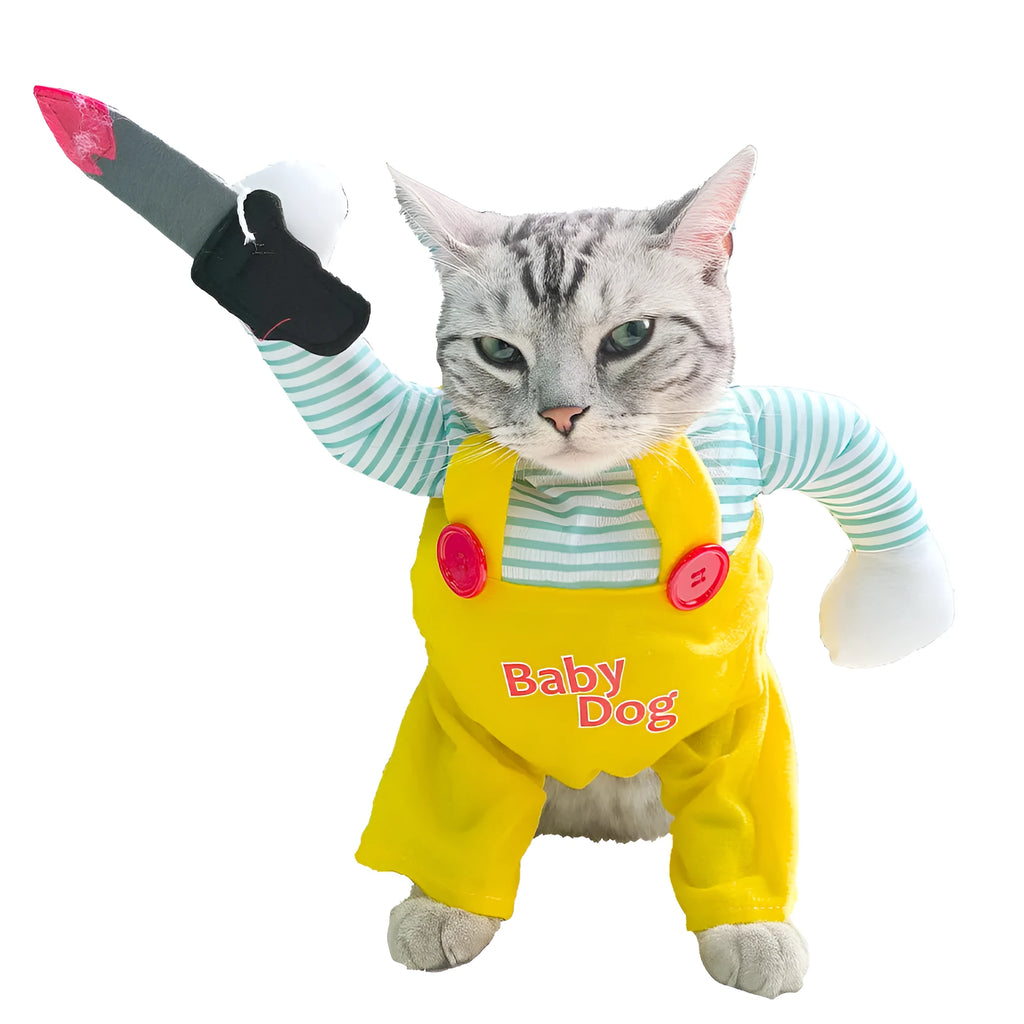 Creative yellow knife assassin cat costume on a cat, made from polyester, available in sizes S to XL