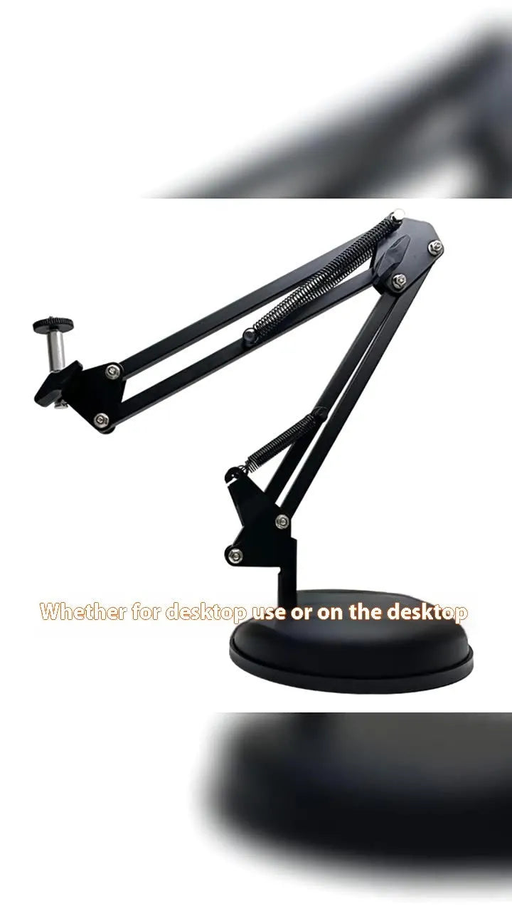 Black foldable metal cantilever bracket holding a tablet on a desktop