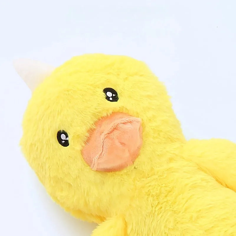 Plush interactive dog toy with rattle and crinkly paper for large breeds, available in pink and yellow