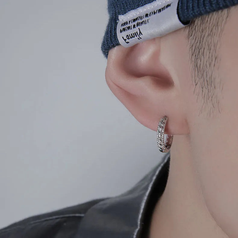 Men's geometric copper hip hop earrings in 10mm and 14mm sizes on a plain background.