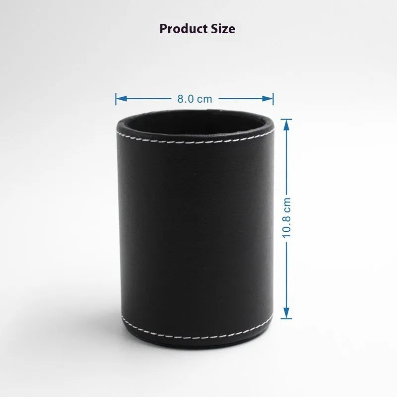 Round black leather pen container showing diameter and height measurements
