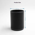 Round black leather pen container showing diameter and height measurements