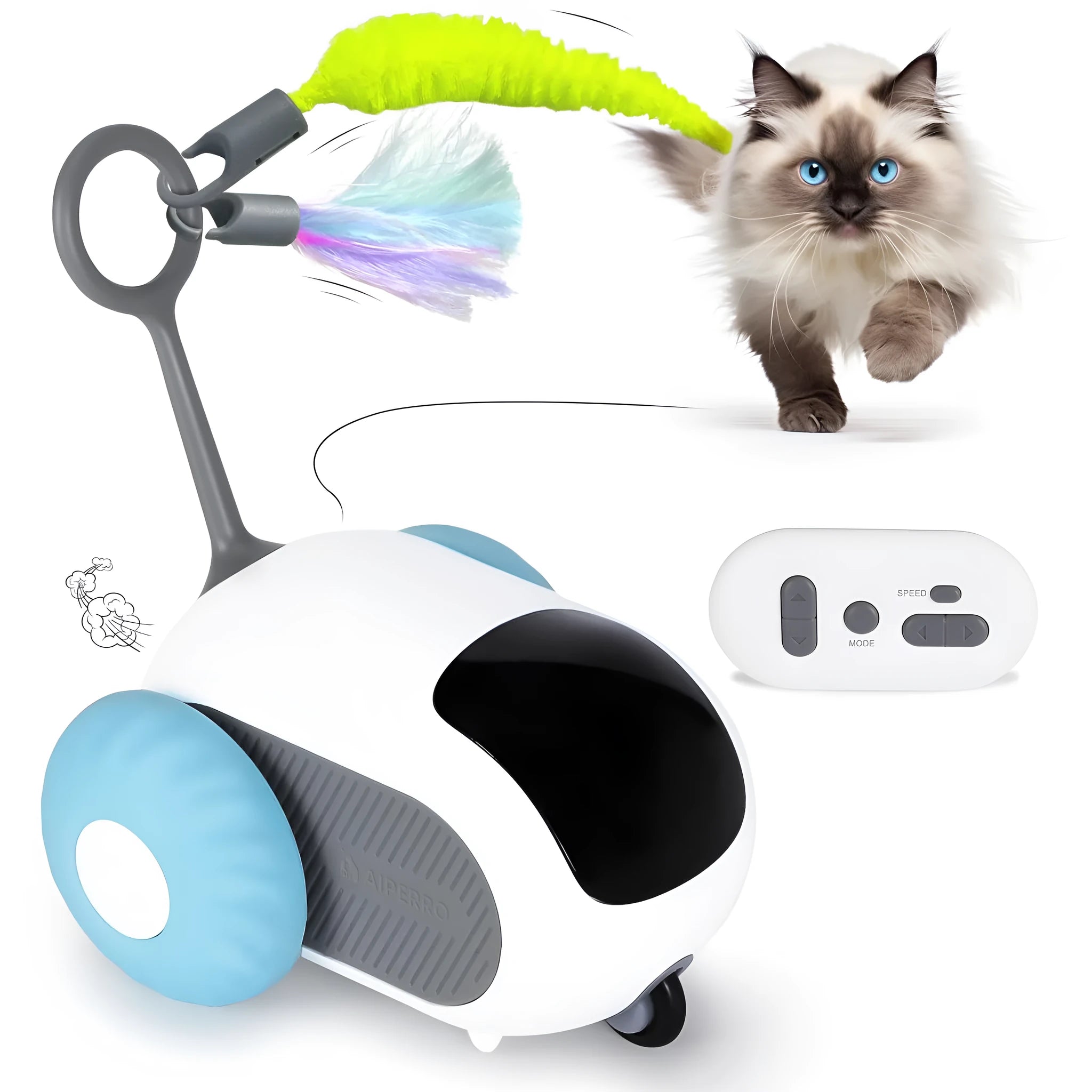 Smart cat toy car with feather teaser in blue on a white background, remote control included