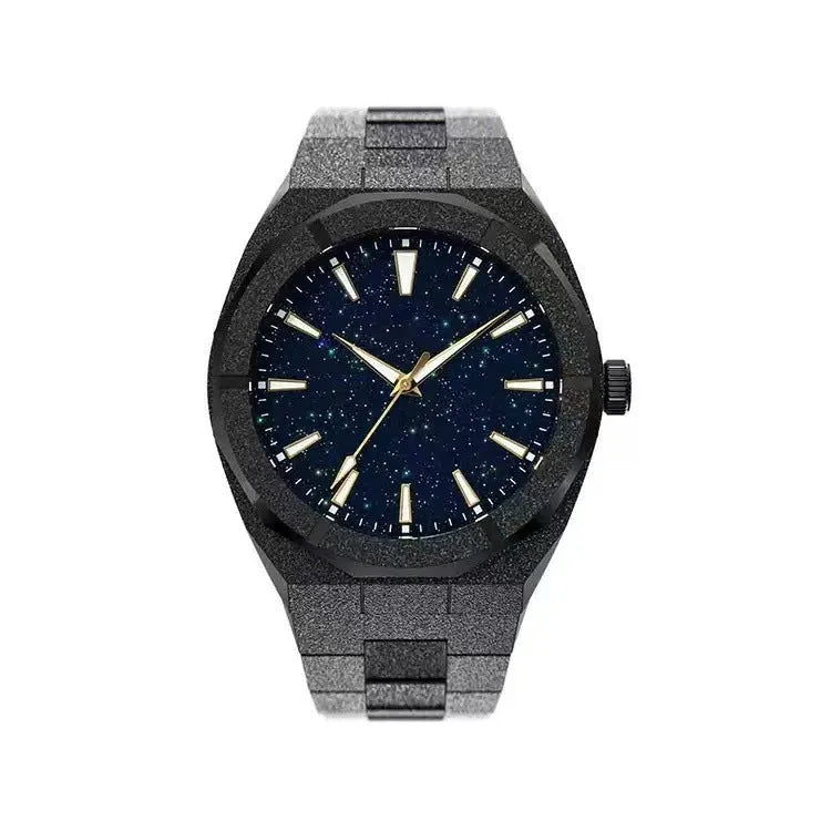 Men's frosted stainless steel business watch with luminous hands on a metal bracelet.