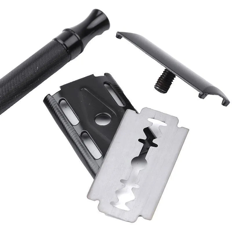 Traditional manual shaving kit with metal straight razor and shaving brush in black or silver handle options