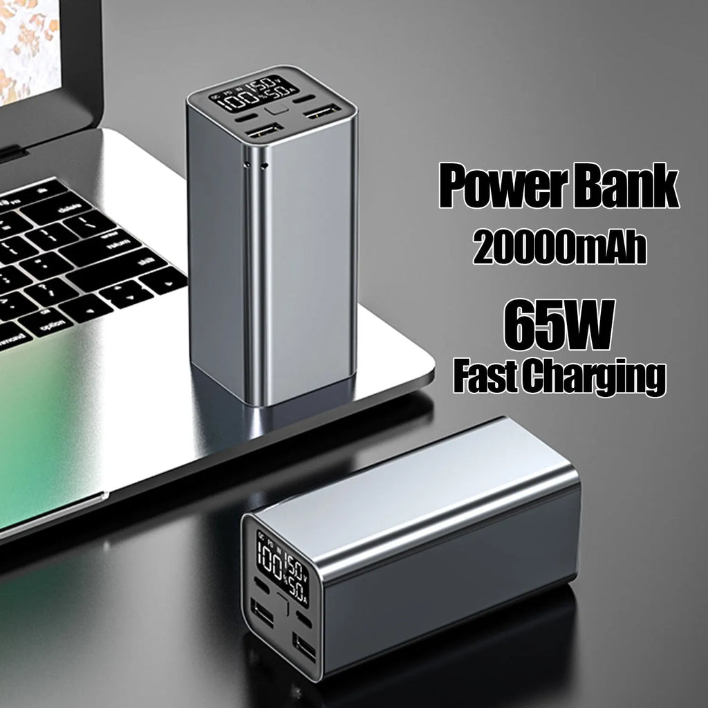 Super fast charging metal power bank with 20000mAh capacity and 65W output in black, blue, or grey colours