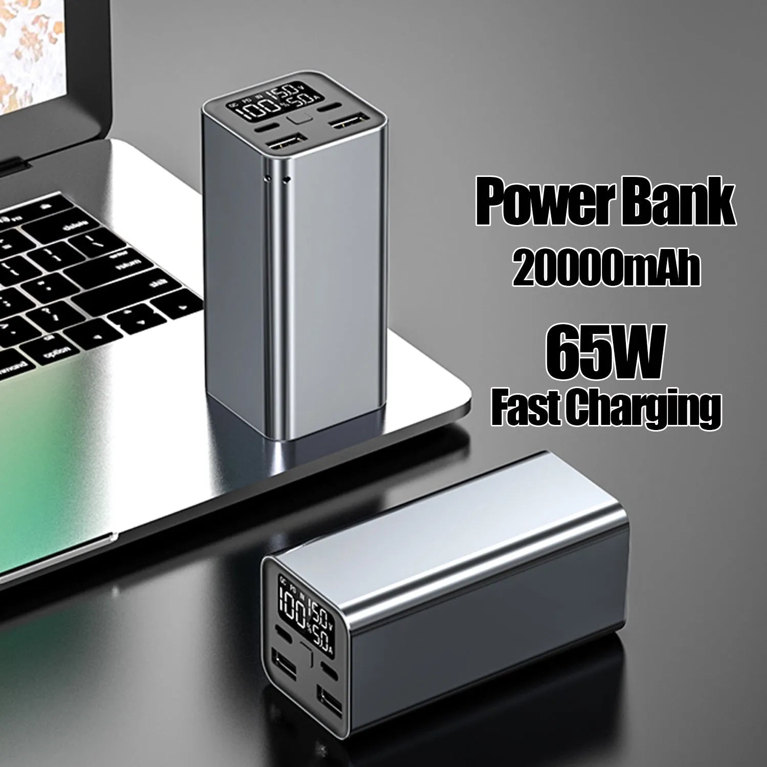 Super fast charging metal power bank with 20000mAh capacity and 65W output in black, blue, or grey colours