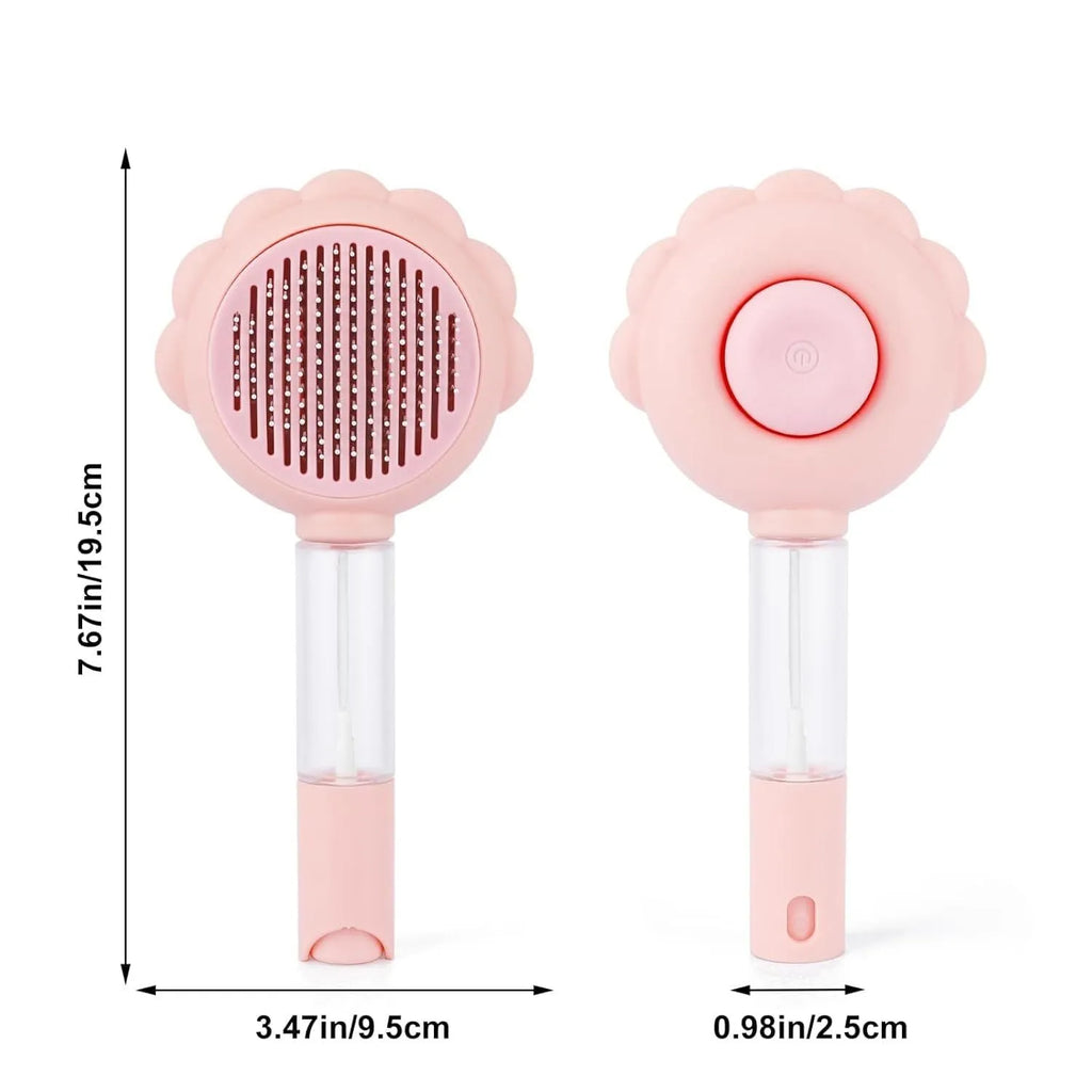 Grey green pink spray function cat grooming brush with release button and curved stainless steel pins