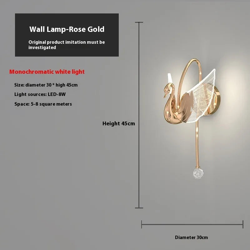 Gold modern minimalist swan wall lamp with iron body and acrylic shade for bedroom bedside lighting